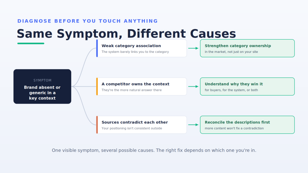 One symptom, brand absent or generic, branching into different causes and fixes