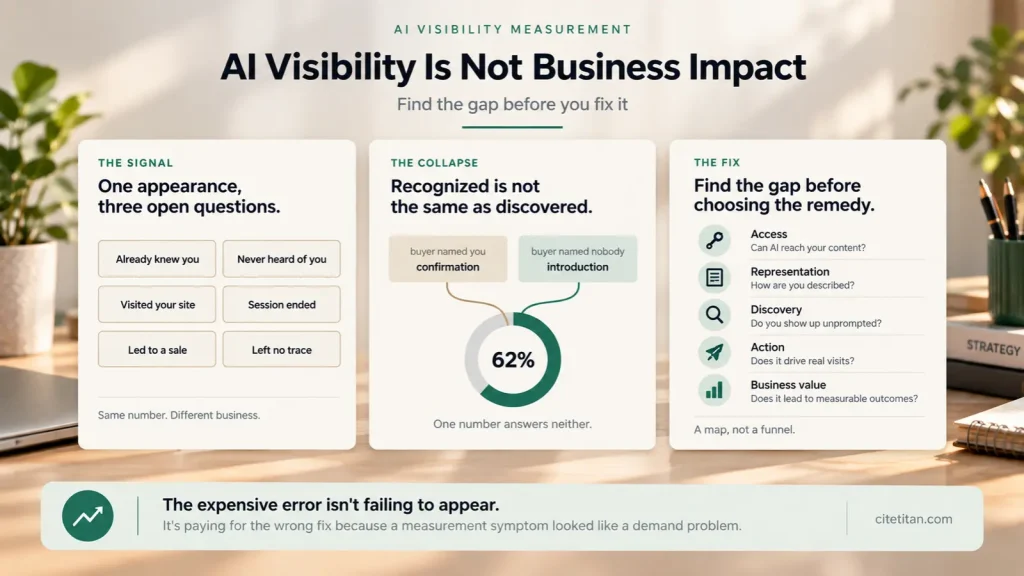 Banner for AI Visibility Is Not Business Impact, showing three claims: one appearance raises three open questions, recognition is not discovery, and the gap must be located before choosing a fix