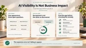 Banner for AI Visibility Is Not Business Impact, showing three claims: one appearance raises three open questions, recognition is not discovery, and the gap must be located before choosing a fix