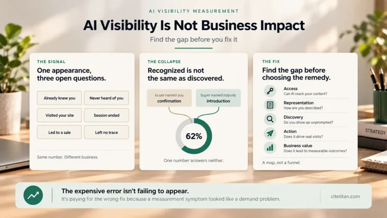Banner for AI Visibility Is Not Business Impact, showing three claims: one appearance raises three open questions, recognition is not discovery, and the gap must be located before choosing a fix