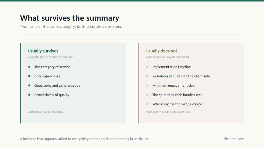 What survives an AI summary, such as service category and core capabilities, against what usually drops, such as implementation timeline, required client resources, and minimum engagement size