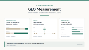 Banner for GEO Measurement showing three claims: changing the prompt set changes the number, the same average can hide different variance, and being cited is not the same as being influential