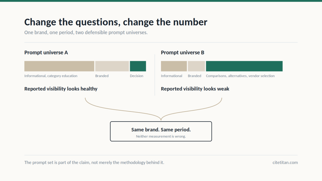 Two prompt universes for the same brand, one weighted to informational queries and one to comparison and vendor-selection queries, producing different reported visibility