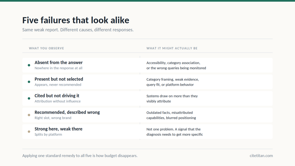 Five AI visibility failure modes set against what each might actually be caused by, from absence to platform-specific weakness